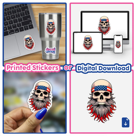 Collage featuring 'A Cool Skull With An American Flag Bandana', available as stickers or digital artwork, showcasing a bearded skull with a flag bandana on various items like laptops and cups.