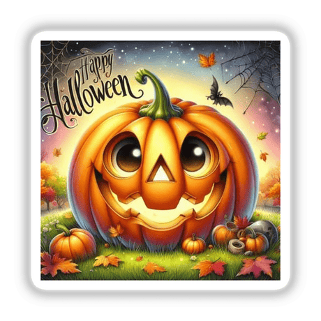 Bronze Halloween Series 4: A cartoon pumpkin with a smiling face, large eyes, and a curved stem, available as unique stickers or digital artwork.