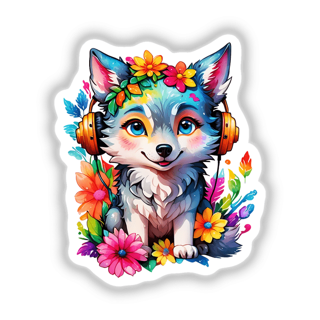 Melodic Howl: Cartoon dog wearing headphones and surrounded by flowers, available as stickers or digital artwork.