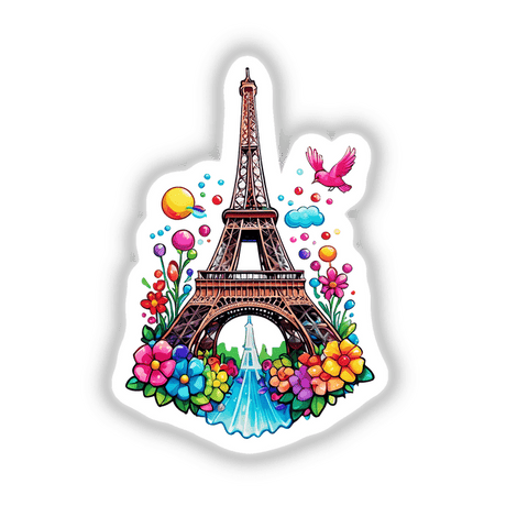 Eiffel Tower in Paris: Floral Splash Design features a sticker with a cartoon tower adorned with flowers and birds.