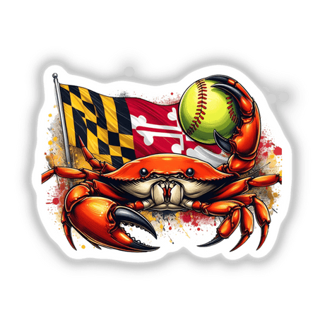 Maryland Flag Steamed Crab Softball Splatter: A cartoon crab clutching a baseball and flag, available as stickers or digital artwork, highlighting Decal Venue's unique vinyl sticker and digital art offerings.