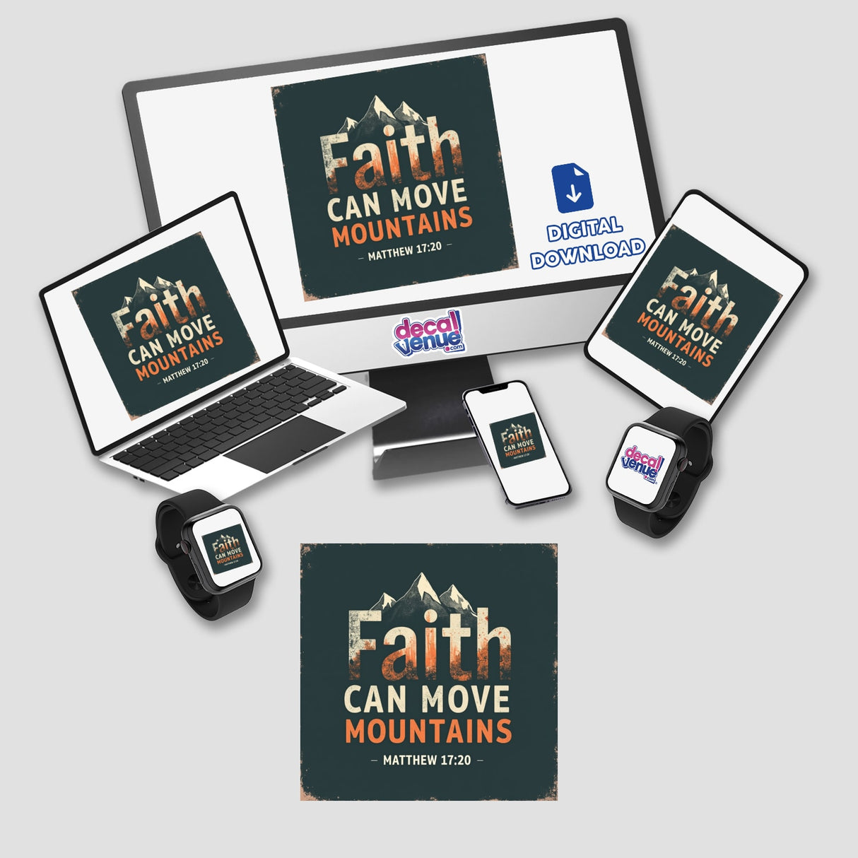 Faith Can Move Mountains – Inspired by Matthew 17:20 sticker or clipart featuring a mountain scene with uplifting text, available as a digital artwork or sticker for commercial use.