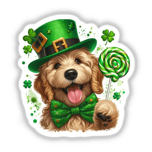 Happy Irish Goldendoodle with Lollipop depicted wearing a hat and bow tie, holding a green spiral lollipop. Available as stickers or digital artwork from Decal Venue.