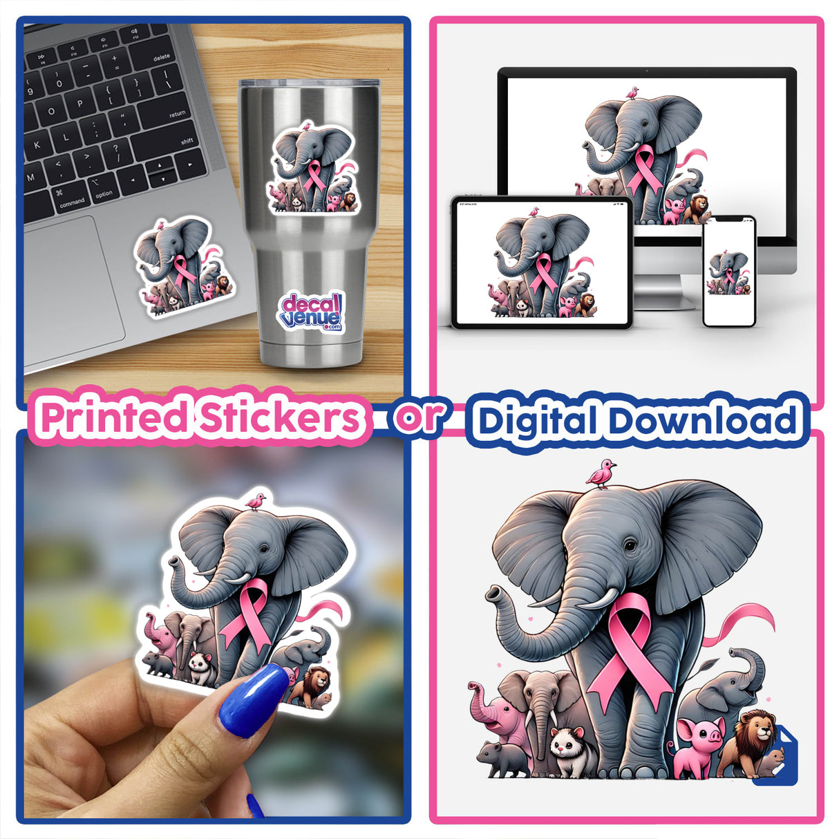 Collage featuring Elephant Unity and Strength Pink Ribbon Breast Cancer stickers and digital artwork, including elephants with pink ribbons on laptops and decals.