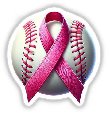 Baseball Ball Pink Ribbon Breast Cancer sticker or digital artwork featuring a baseball wrapped with a pink ribbon symbolizing breast cancer awareness.