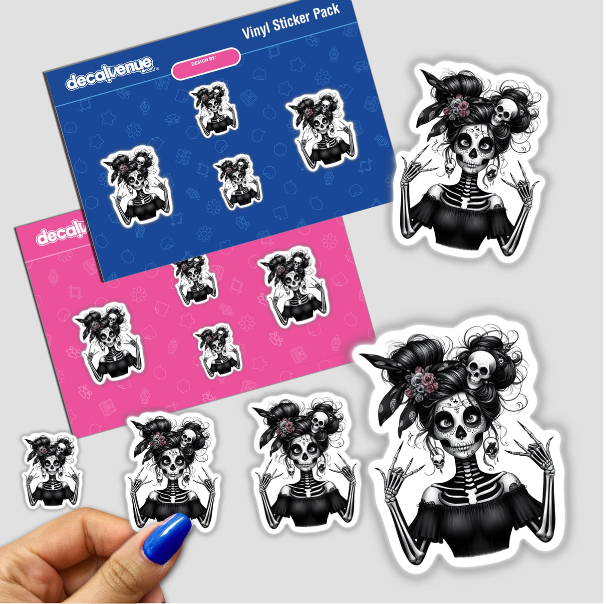 Skeleton Zombie Mama sticker featuring a woman with skull makeup and flowers in her hair, available as a sticker or digital artwork from Decal Venue.