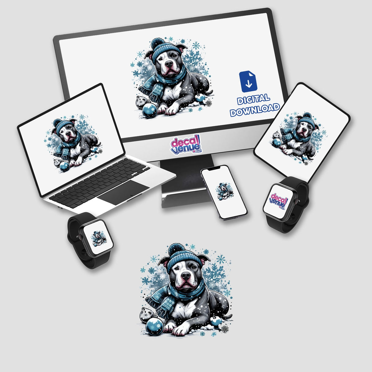 Snowy Winter Bundled up Pitbull Dog displayed on a computer monitor and laptop screen, featuring a dog in a hat and scarf, available as stickers or digital artwork.