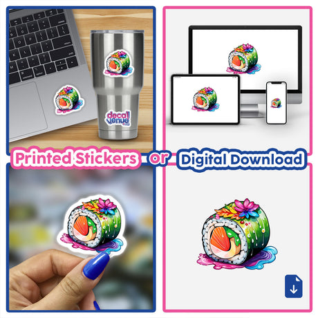 Sushi Delight: Cute Watercolor Roll Sticker featuring an artful sushi collage, including rolls adorned with flowers, ideal for laptops, cups, and more. Available as stickers or digital artwork.