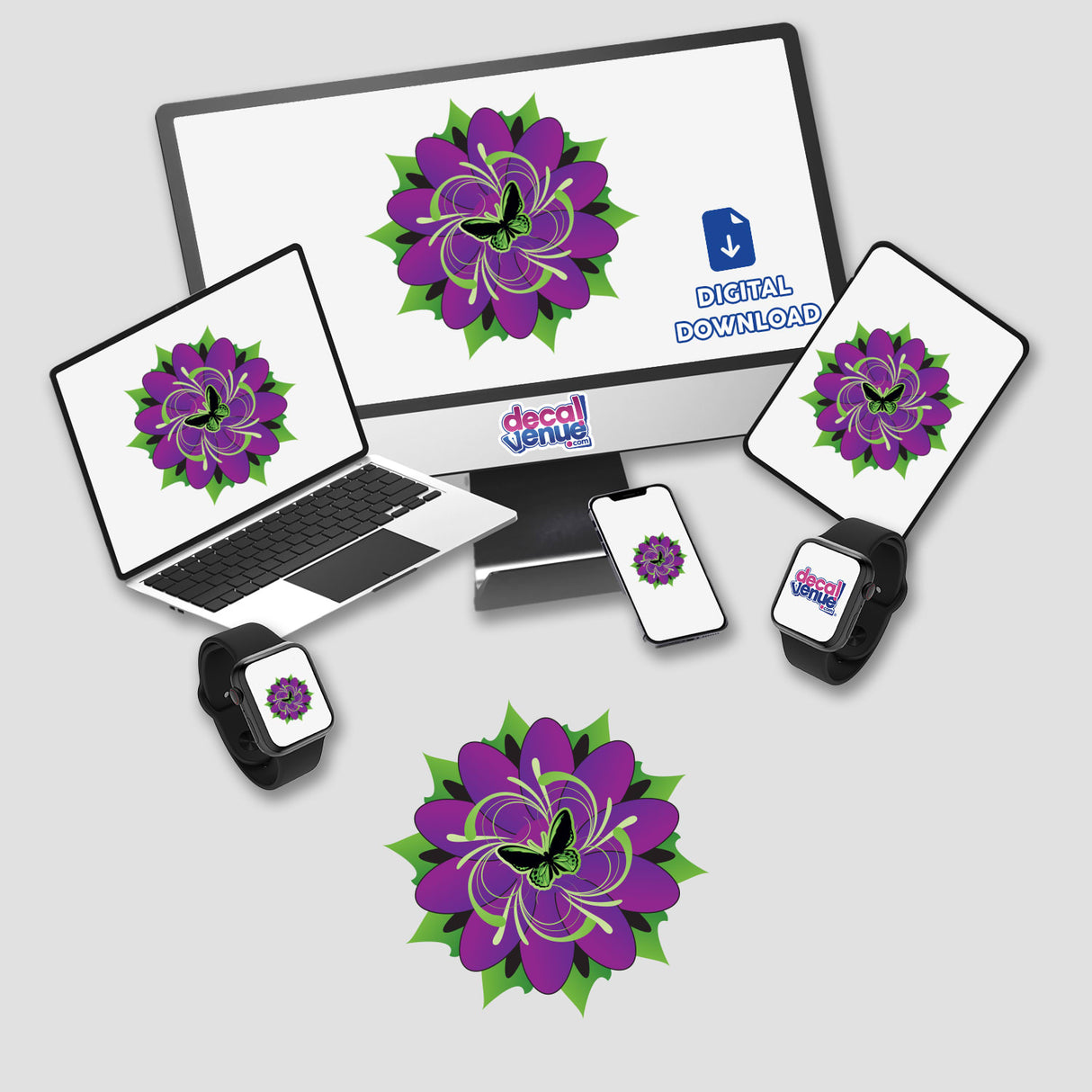 Vibrant purple and green digital flower artwork displayed across various digital devices in the Decal Venue online store.