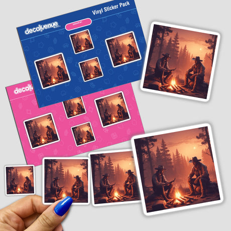 Hand holding Outback Retreat stickers featuring men sitting around campfires. Available as stickers or digital artwork.