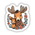 Cute cartoon moose mother and baby in floral wreath, digital art download