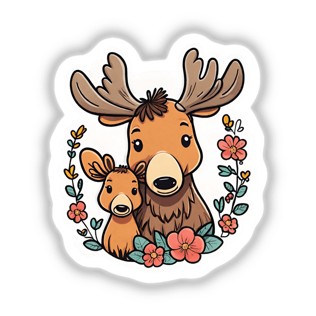 Cute cartoon moose mother and baby in floral wreath, digital art download