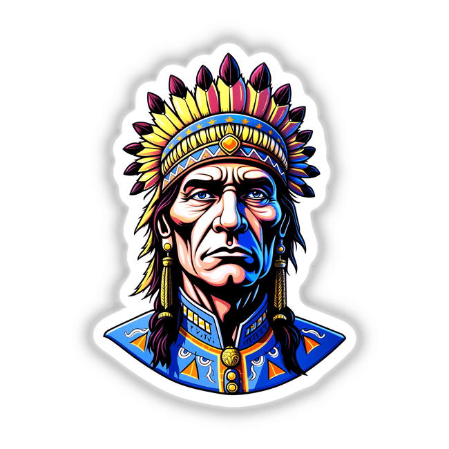 A cartoon depiction of A Native American Warrior Chief featuring a colorful headdress, designed as unique vinyl stickers or digital artwork from Decal Venue.