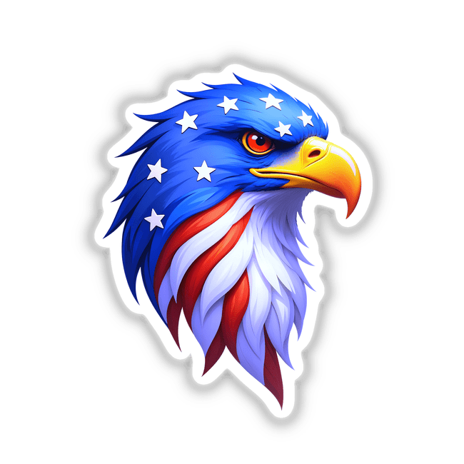 Cartoon of an eagle adorned with stars, titled A Cool American Flag Eagle, available as stickers or digital artwork from Decal Venue's unique collection.