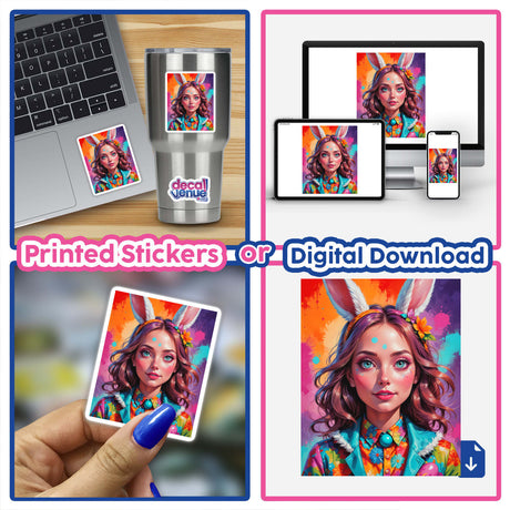 Cute Easter Bunny Girl sticker art featuring a playful bunny girl with colorful makeup, perfect for personalizing laptops, journals, or Easter cards with whimsical charm.