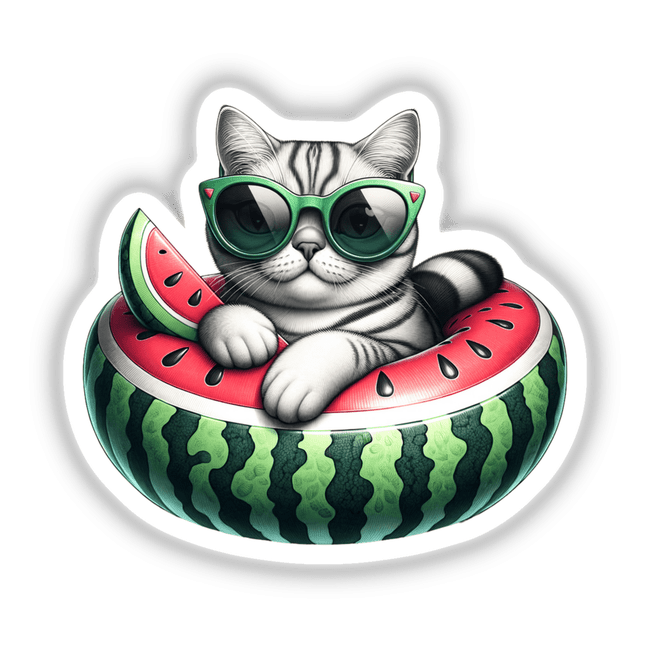 Cool cat on watermelon pool float - Playful feline in sunglasses lounging on watermelon-shaped inflatable in digital artwork