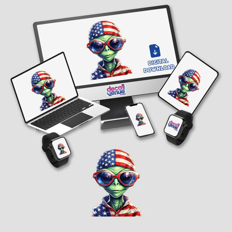 Patriotic alien digital artwork with American flag-inspired attire and sunglasses, displayed across various digital devices on a white background.