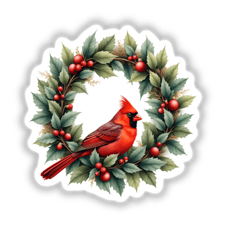 Red Cardinal Bird in a Christmas Wreath, featuring a red bird perched among leaves and berries, available as stickers or digital artwork from Decal Venue.