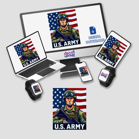 U.S. Army - American Soldier With Flag depicted on laptop, phone, and tablet screens, available as stickers or digital artwork from Decal Venue.