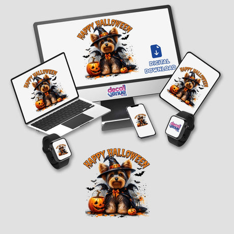 Halloween Yorkie Dog in Dracula Costume II depicted on a computer monitor and laptop, showcasing a cartoon Yorkie in a Dracula outfit, available as stickers or digital artwork.