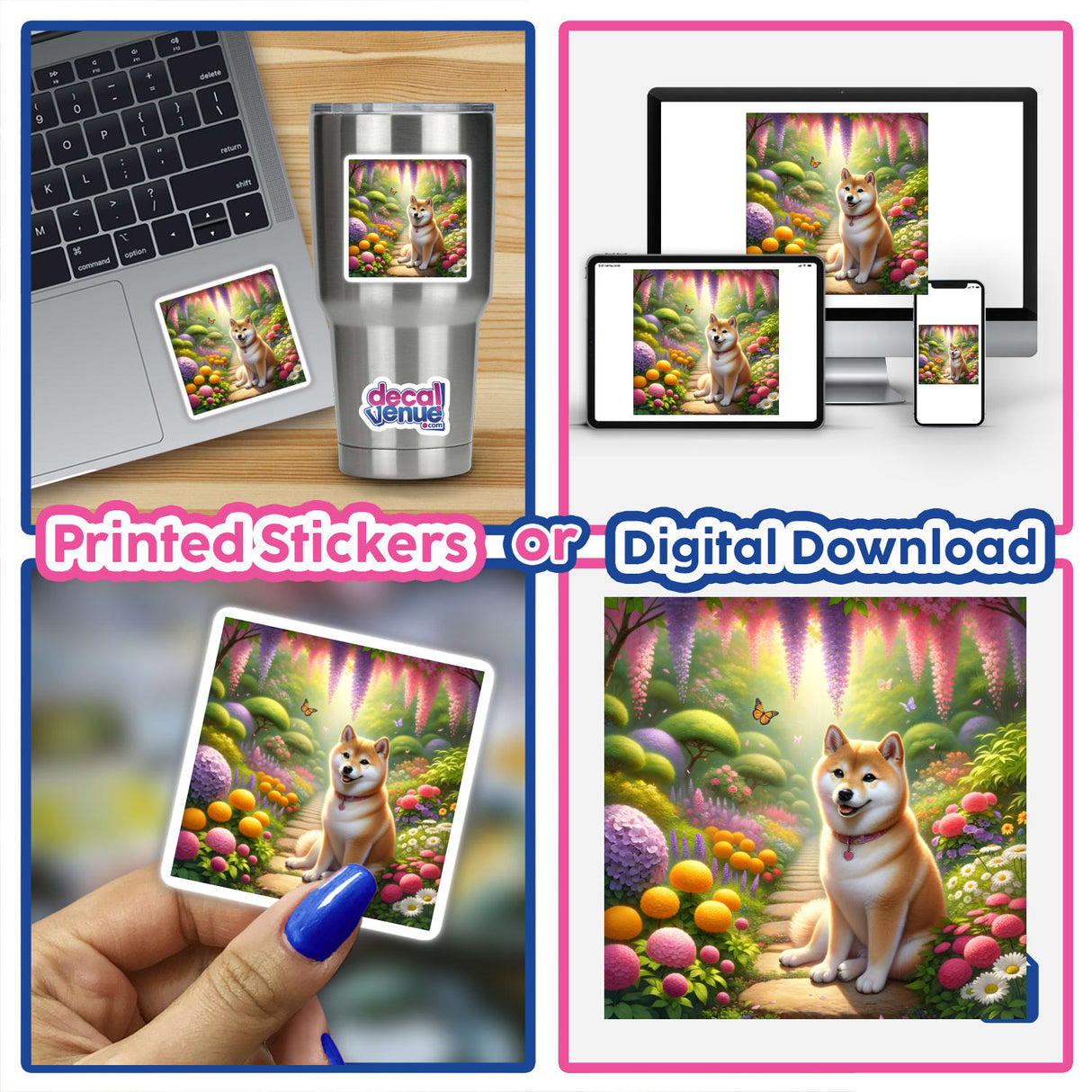 Shiba Inu in a Dreamy Japanese Garden Watercolor Illustration displayed as a collage, showing a dog in various scenes, available as stickers or digital artwork.