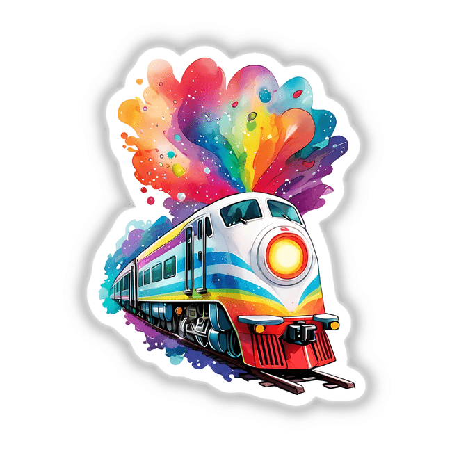 Galactic Train Sticker | Dreamy Futuristic Design for Any Surface: Illustration of a train emitting rainbow colors, perfect for adding a whimsical touch to various surfaces. Available as stickers or digital artwork.