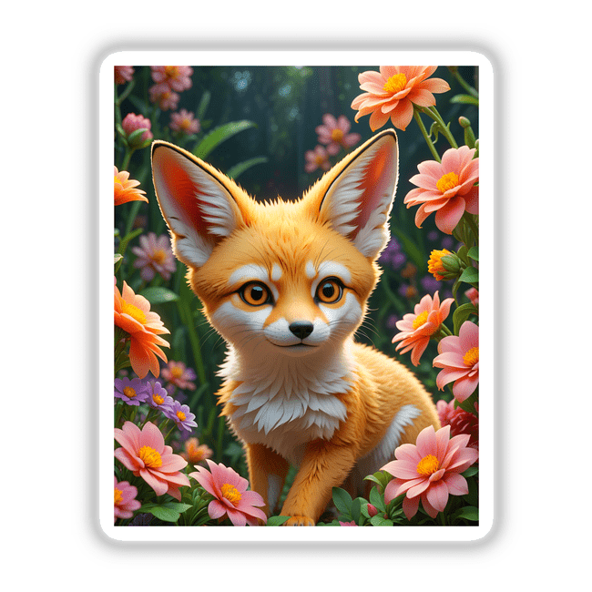 Cute Fennec Fox in a Blooming Garden: A charming artwork depicting a playful fennec fox surrounded by vibrant flowers, available as vinyl stickers or digital art from Decal Venue.