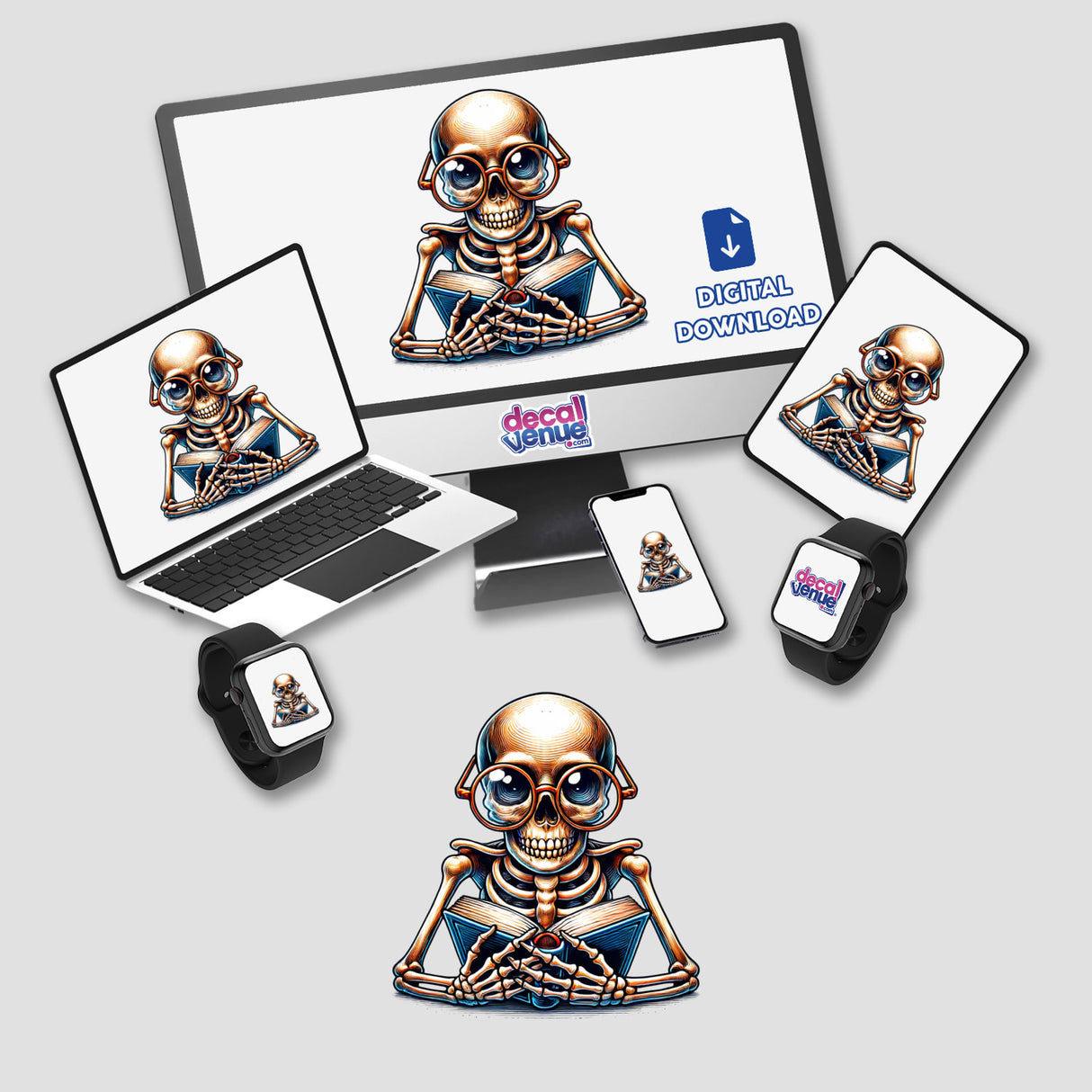 Skeleton wearing reading glasses holding an open book, digital artwork featuring the Decal Venue logo