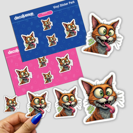 Gato Caolha sticker featuring a cartoon cat with its tongue out, available as stickers or digital artwork.