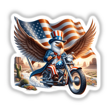 Bald eagle on patriotic motorcycle in desert with American flag backdrop, available as stickers or digital download format