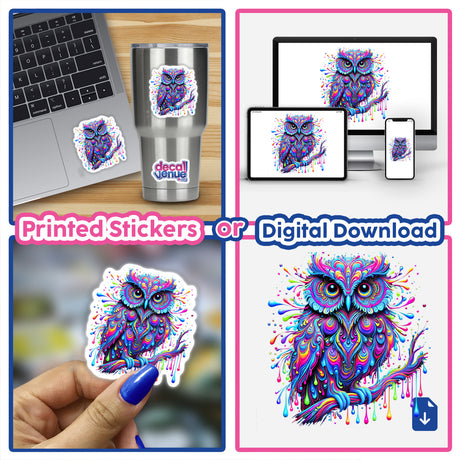 Vibrant Psychedelic Drip Owl sticker collage, featuring colorful trippy bird designs on items like laptops and cups, available as stickers or digital artwork from Decal Venue.