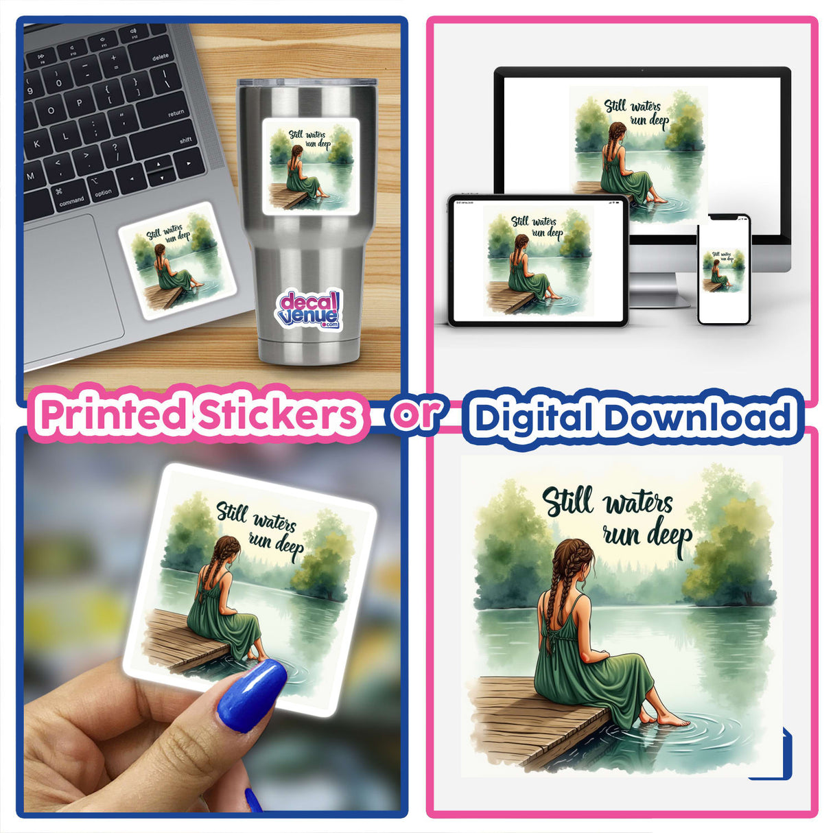 Collage featuring Woman on a Pier by a Lake – Still waters run deep, available as unique stickers or digital artwork, showcasing a serene scene of a woman sitting on a dock.