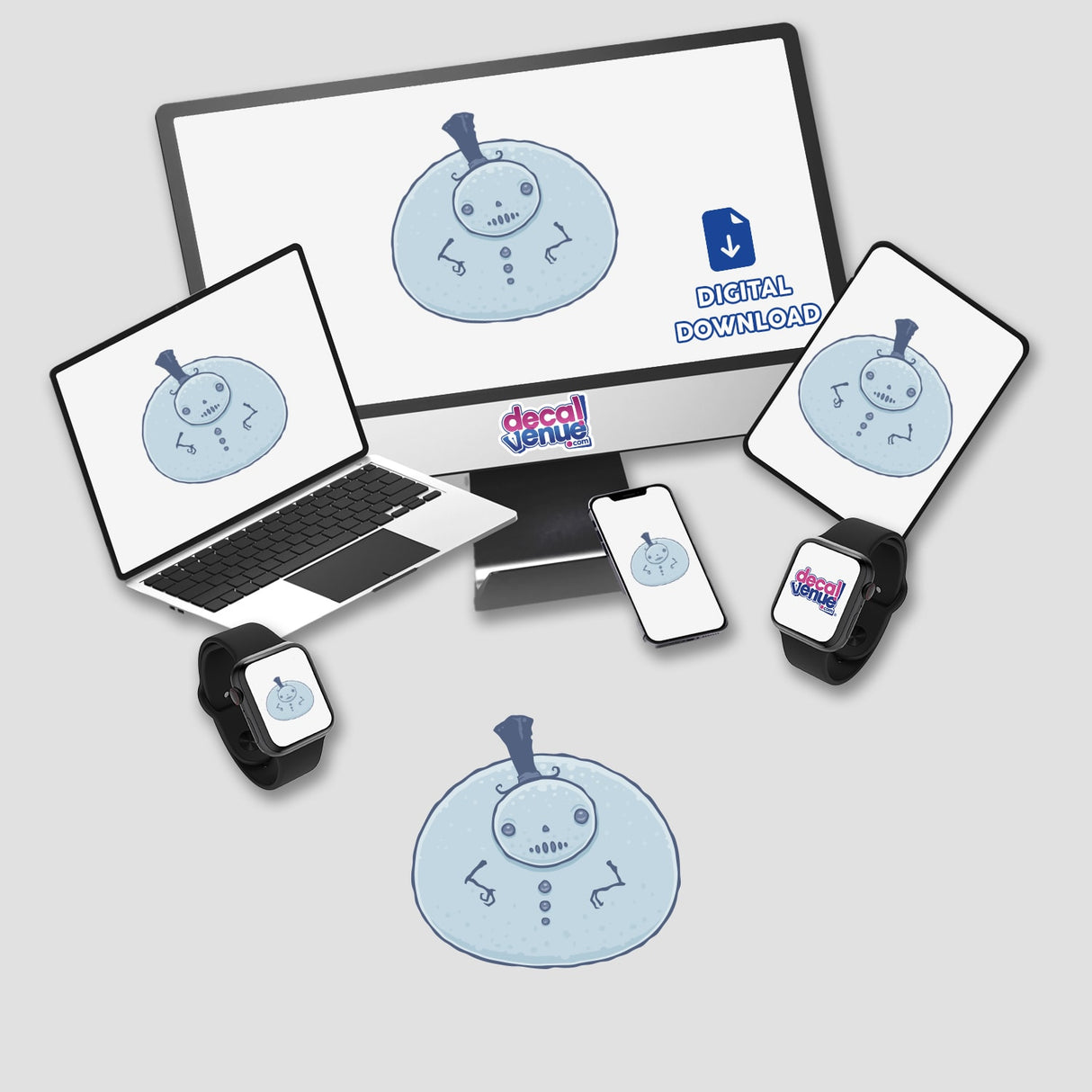 Pudgy Snowman stickers displayed on a laptop, monitor, phone, and smartwatch screens, featuring a cartoon snowman illustration. Available as a sticker pack or individually at Decal Venue.