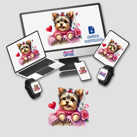 Watercolor Hearts and Roses Yorkie Dog depicted on a computer monitor and laptop screen, showcasing the design available as stickers or digital artwork from Decal Venue's unique collection.