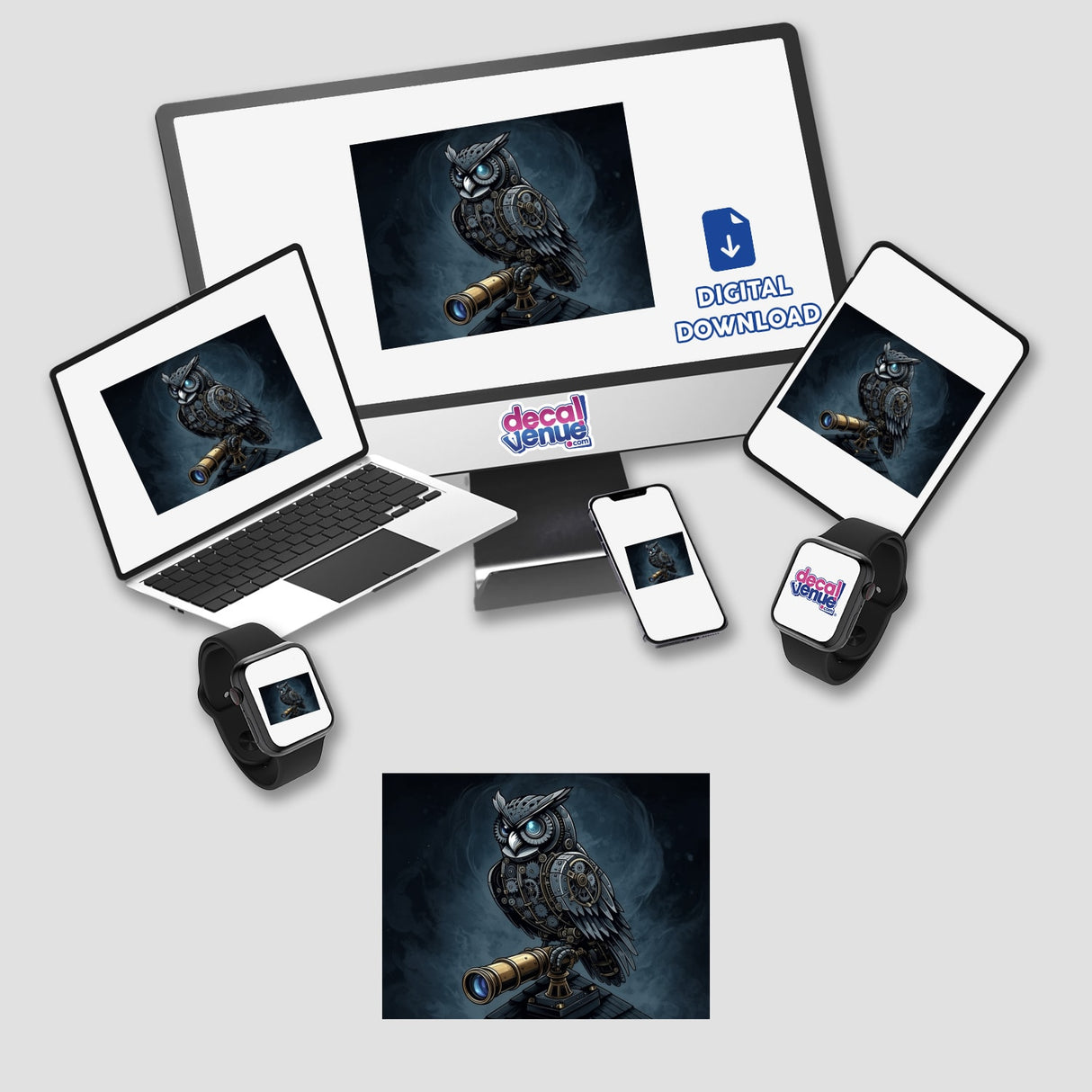 Steampunk Owl perched on a telescope with gears and glowing eye, available as stickers or digital artwork, displayed across a variety of electronic devices including a laptop and tablet.