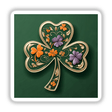 Floral Shamrock – Elegant Clover with Gold Accents and Colorful Flowers. Available as stickers or digital artwork from Decal Venue, known for unique vinyl stickers and digital art.