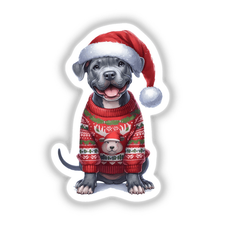 Pitbull Santa Dog in Ugly Christmas Sweater: A cartoon dog wearing a festive sweater and Santa hat, available as stickers or digital artwork from Decal Venue.