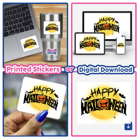 Stickers featuring Happy Halloween with pumpkins, bats, and a yellow moon, designed for laptops, drink cups, and more.