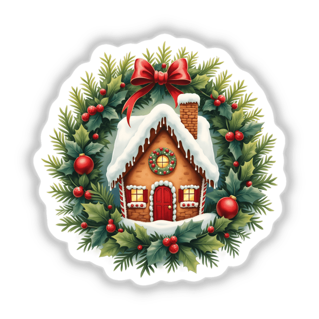 Gingerbread House in a Christmas Wreath featuring intricate details like a red bow and ornaments, available as stickers or digital artwork from Decal Venue.