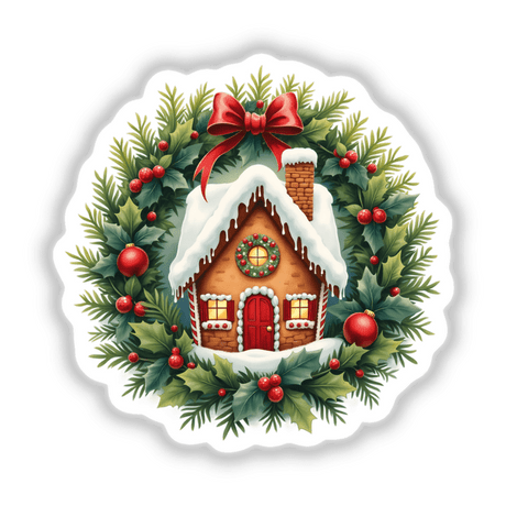 Gingerbread House in a Christmas Wreath featuring intricate details like a red bow and ornaments, available as stickers or digital artwork from Decal Venue.