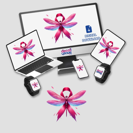 Dragonfly Pink Ribbon Breast Cancer digital artwork featuring a laptop and computer monitor adorned with pink wings and ribbon, available as stickers or digital art from Decal Venue.