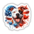 Patriotic pit bull dog with American flag-themed heart sticker