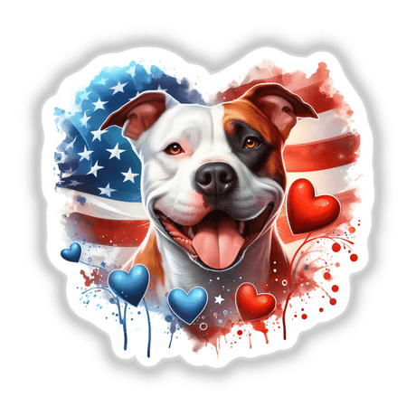 Patriotic pit bull dog with American flag-themed heart sticker