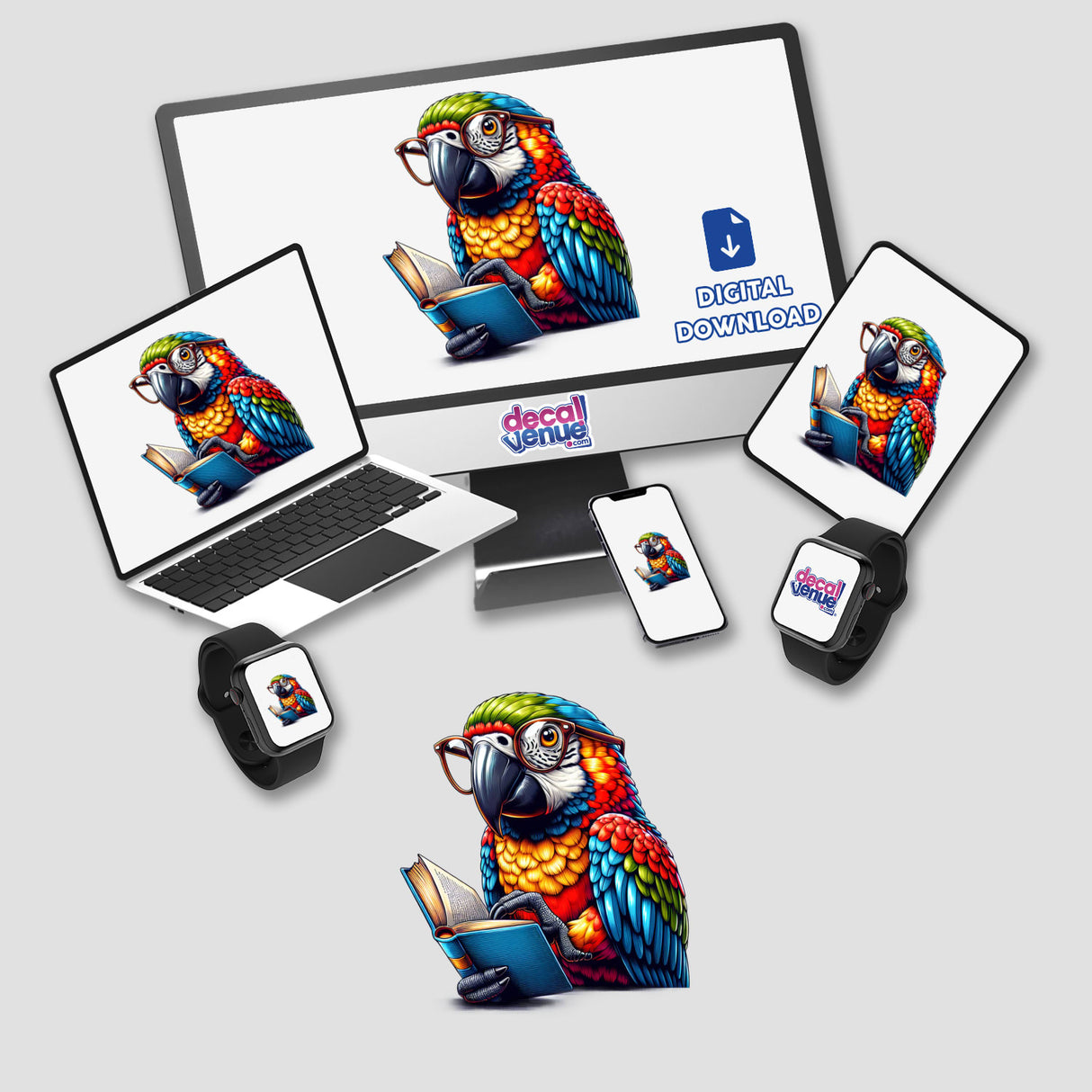 Parrot With Reading Glasses Open Book artwork displayed on a laptop and monitor, ideal for vinyl stickers or digital art from Decal Venue. Features a cartoon parrot engrossed in reading.