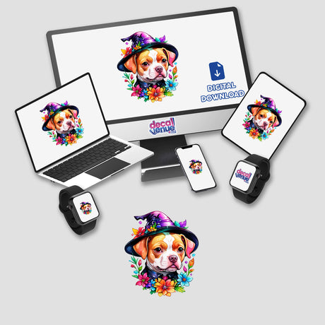 Pitbull wearing a Halloween witch hat displayed on various devices including a laptop, tablet, and smartwatch, available as stickers or digital artwork.