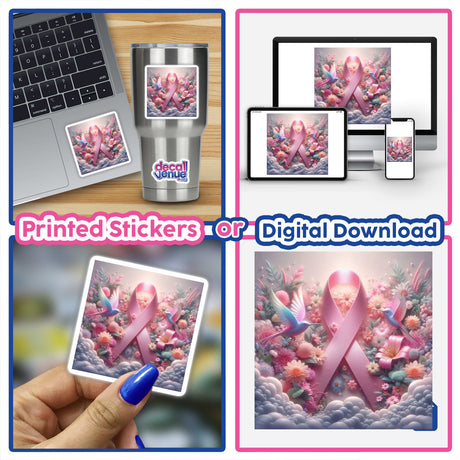 Collage featuring the Breast Cancer Silver Series 6: pink ribbons on laptops, surrounded by flowers and birds, offered as stickers or digital artwork.