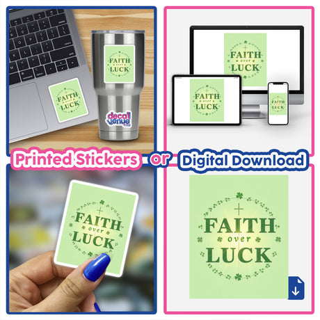 Faith Over Luck St. Patrick’s Day Sticker or Clipart featuring a laptop adorned with the sticker, showcasing its design as part of Decal Venue's unique vinyl stickers and digital art collection.