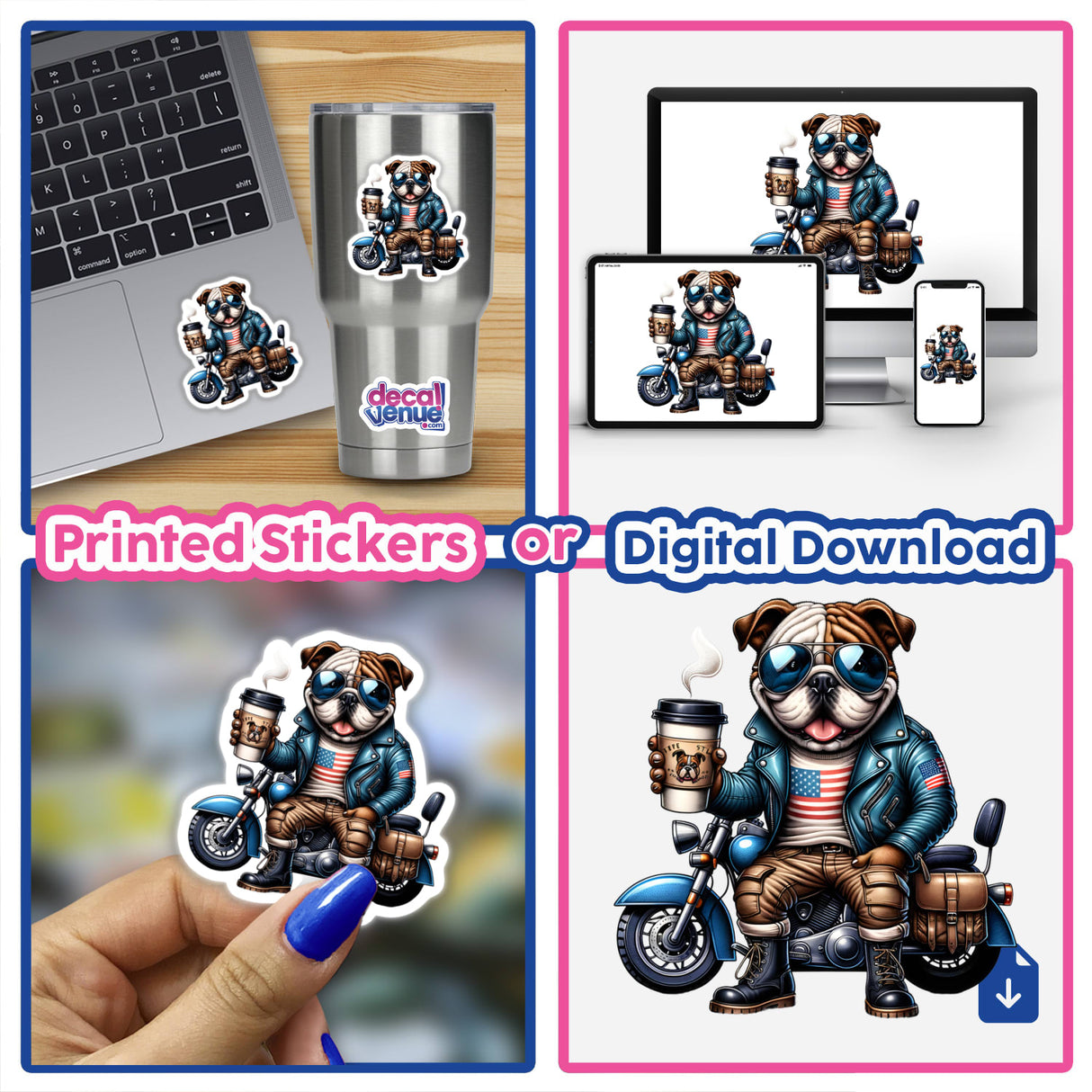 Patriotic bulldog riding motorcycle with coffee mug, digital artwork for stickers or download from DecalVenue