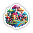 Mushroom Village: Psychedelic Floral Splash features a whimsical cartoon house with mushrooms and a rainbow, available as stickers or digital artwork.