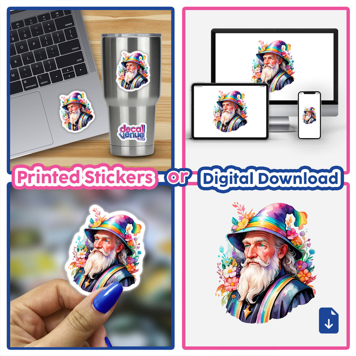 Sticker Design: Portrait of a Magical Wizard Wearing a Wizard Hat, depicted on a laptop and a silver cup, showcasing the whimsical and unique style of Decal Venue's stickers and digital artwork.